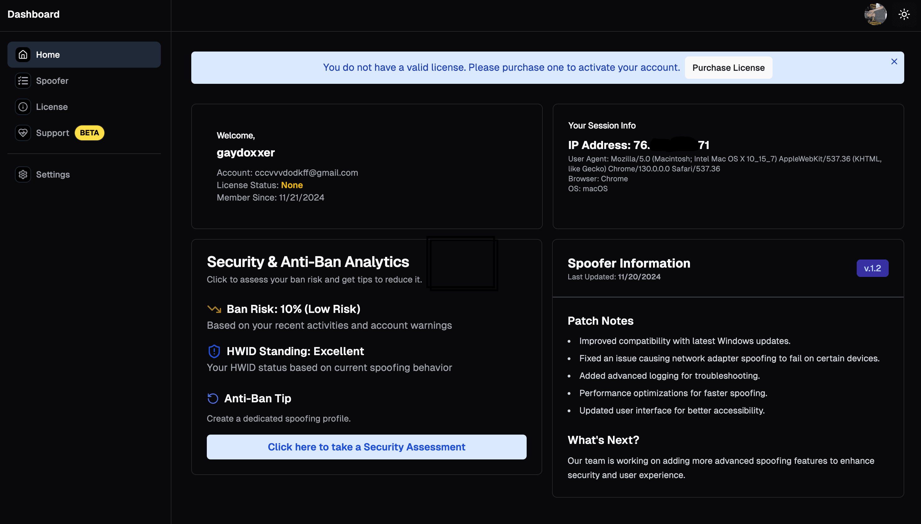 HWIDchanger.com Dark Mode Dashboard Preview