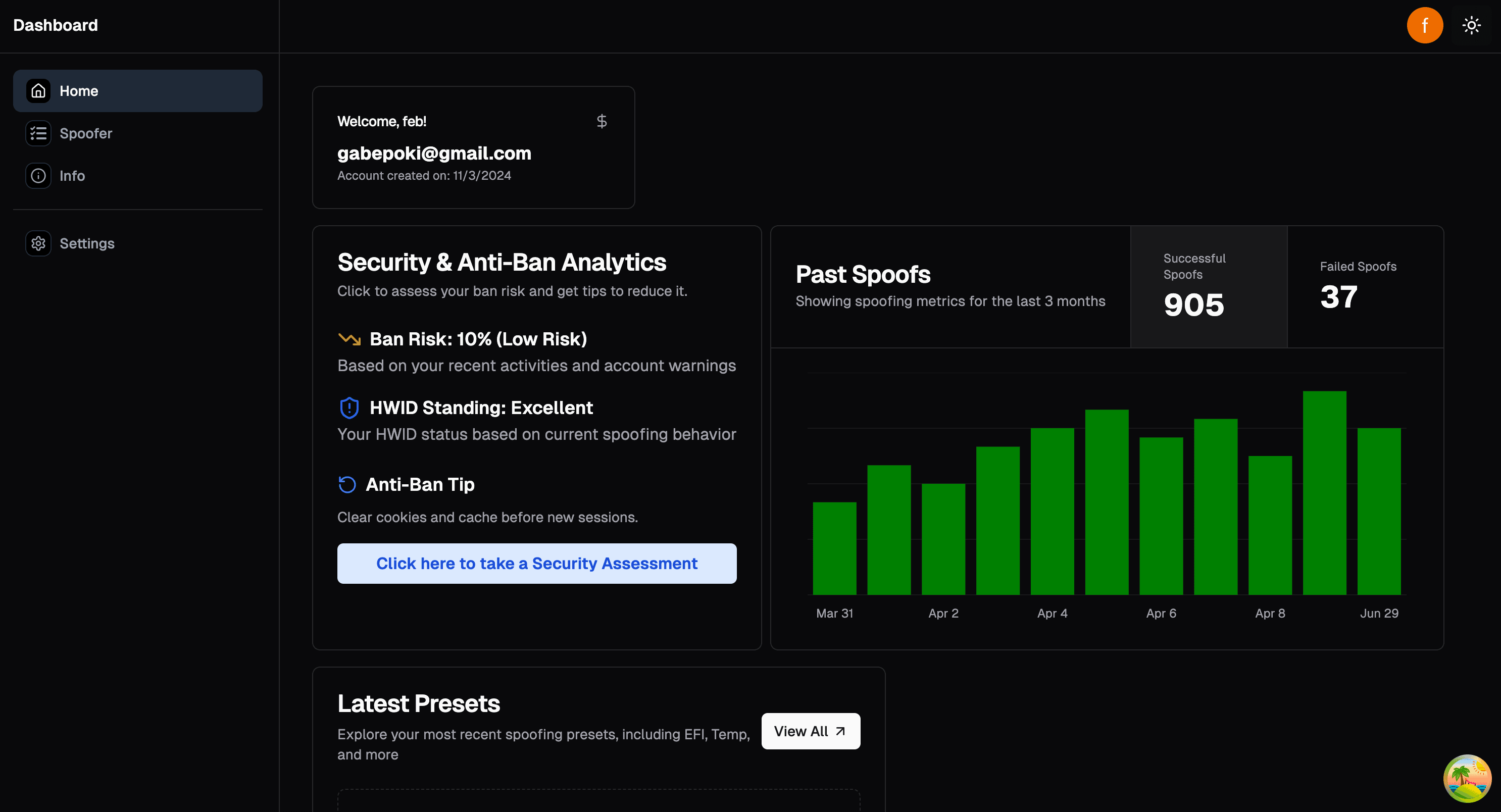 HWIDchanger.com Dark Mode Dashboard Preview